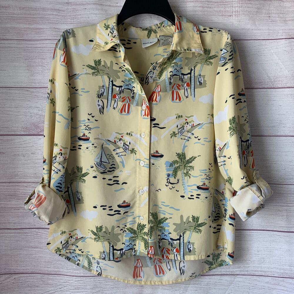 Vintage White Stag Yellow Button Up Shirt Tropical Beach Sailboat Size M